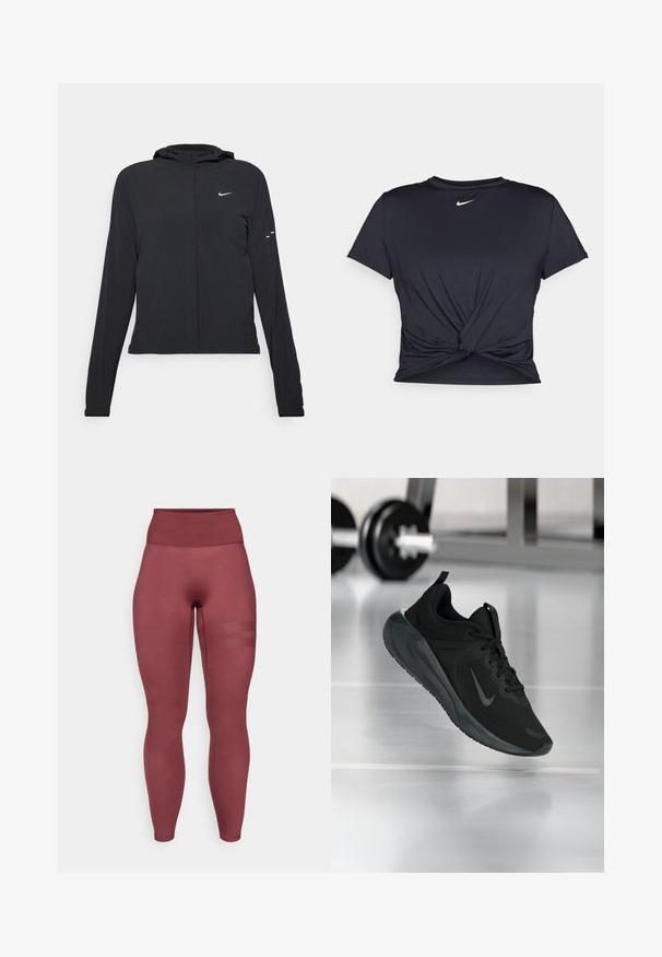 Black hooded jacket with long sleeves, made from lightweight material. Features a front zipper, a Nike logo, and subtle design accents.; Black athletic t-shirt made of smooth fabric, featuring a knotted front design and a small white Nike logo on the chest.; Burgundy high-waisted leggings made of stretchy fabric. Features a smooth texture and three horizontal mesh stripes on the thigh.; Black sports sneaker with Nike logo, shown mid-air on gym floor, with blurred dumbbell rack in background.