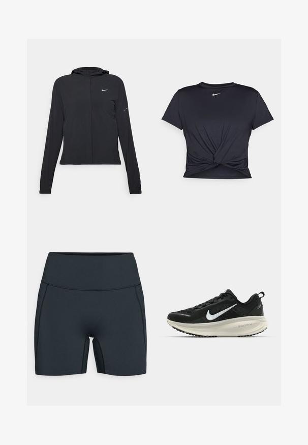 Zwarte kaptrui met lange mouwen, gemaakt van lichtgewicht materiaal. Voorzien van een ritssluiting aan de voorkant, een Nike-logo en subtiele ontwerpelementen.; Zwarte sportieve T-shirt van gladde stof, met een geknoopt ontwerp aan de voorkant en een klein wit Nike-logo op de borst.; Zwarte sportshorts gemaakt van rekbaar materiaal, met een hoge tailleband, zijnaad en een slank ontwerp voor comfort en bewegingsvrijheid.; Zwarte Nike hardloopschoen met ademend mesh bovenwerk, witte swoosh-logo, gestructureerde details en een crèmekleurige ZoomX middenzool.
