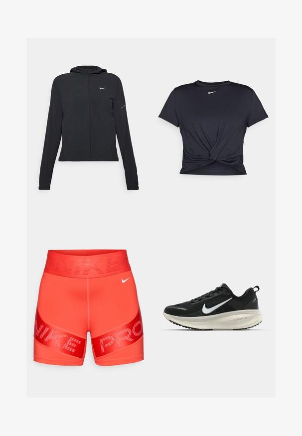Casaco preto com capuz e mangas longas, feito de material leve. Apresenta um fecho dourado na frente, um logótipo da Nike e detalhes de design subtis.; T-shirt atlético preto feito de tecido liso, apresentando um design frontal com nó e um pequeno logótipo branco da Nike no peito.; Calções de compressão Nike Pro de cor vermelha brilhante com uma cintura larga, apresentando o texto "NIKE" e um pequeno swoosh branco da Nike no lado direito da frente.; Sapatilha de corrida Nike preta com parte superior de malha respirável, logotipo Swoosh branco, detalhes texturizados e uma entressola ZoomX na cor creme.