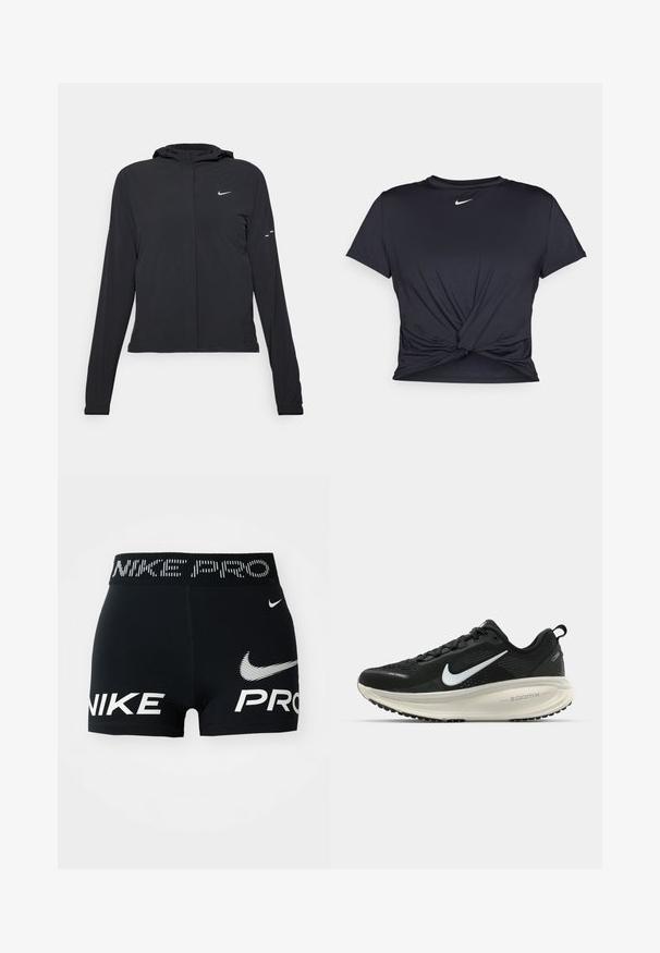 Svart hettegenser med lange ermer, laget av lett materiale. Har glidelås foran, Nike-logo og subtile design detaljer.; Svart trenings T-skjorte laget av glatt stoff, med en knyttet frontdesign og en liten hvit Nike-logo på brystet.; Sorte Nike Pro treningsshorts med hvite Nike-logoer og tekst på midjebåndet og fronten.; Svart Nike løpesko med pustende mesh-overdel, hvit swoosh-logo, teksturert detaljer og en kremfarget ZoomX mellomsåle.