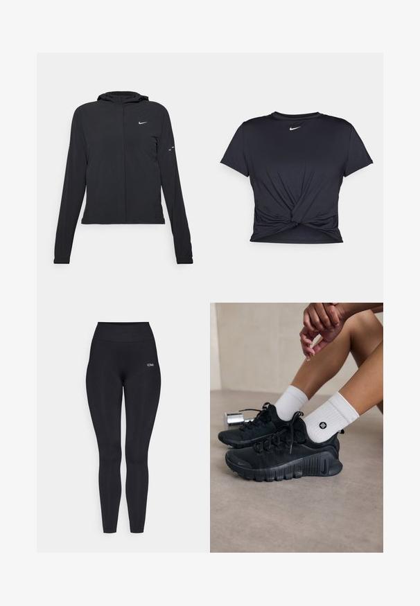 Veste à capuche noire avec des manches longues, fabriquée en matériau léger. Elle comporte une fermeture éclair à l'avant, un logo Nike et des accents de design subtils.; T-shirt de sport noir en tissu lisse, avec un design avant noué et un petit logo Nike blanc sur la poitrine.; Leggings noirs avec une taille haute, fabriqués à partir d'un tissu lisse et extensible. Présente un petit logo près de la taille.; Chaussures de sport noires en tissu texturé, avec un design à lacets et une semelle proéminente, accompagnées de chaussettes blanches à côtes arborant un petit logo.