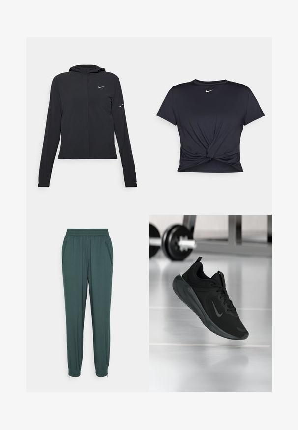 Mustassa hupparissa on pitkät hihat, ja se on valmistettu kevyestä materiaalista. Siinä on edessä vetoketju, Nike-logo ja hillityt muotoiluyksityiskohdat.; Musta urheilu T-paita, joka on valmistettu sileästä kankaasta, jossa on solmittu etuosa ja pieni valkoinen Nike-logo rinnassa.; Tummanvihreät collegehousut, jotka on valmistettu pehmeästä materiaalista, ja niissä on joustava vyötärö, vetoketjulliset sivutaskut ja joustavat hihansuut.; Musta urheilusneekeri, jossa on Nike-logo, esitetty ilmassa kuntosalilattialla, taustalla sumea käsipainohylly.