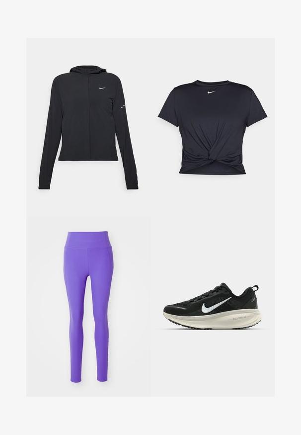 Svart huva jacka med långa ärmar, gjord av lätt material. Har en framdragare, en Nike-logotyp och subtila designelement.; Svart atletisk t-shirt i mjukt tyg, med en knuten framdesign och en liten vit Nike-logga på bröstet.; Girlfriend Collective COMPRESSIVE HIGH RISE LEGGING LONG - Tights - wild iris; Svart Nike löparsko med andningsbart mesh-ovandel, vit swoosh-logotyp, texturerad detaljering och en krämfärgad ZoomX-mellansula.