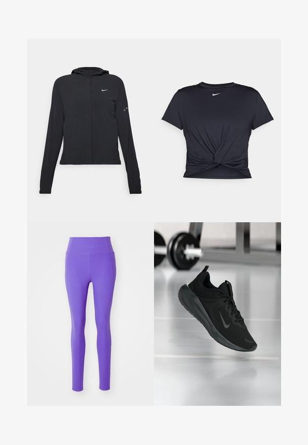 Must musta kapuutsiga jakk, millel on pikad varrukad ja mis on valmistatud kergetest materjalidest. Omab esitaskut, Nike logo ja kergelt silmatorkavaid disainiaktsente.; Mustmust musta sportlik T-särk, mis on valmistatud sujuvast kangast, millel on sõlmega esikülg ja väike valge Nike logo rinnal.; Girlfriend Collective COMPRESSIVE HIGH RISE LEGGING LONG - Retuusid - wild iris; Mustad mustang spordijalatsid Nike logo'ga, õhus spordisaali põrandal, häguste hantlite riiulitega taustal.