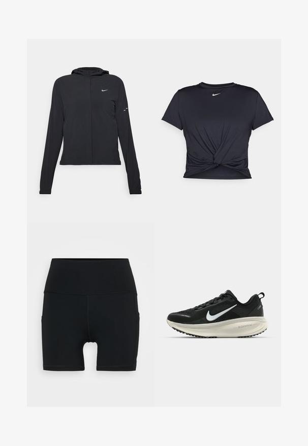 Melnā kapuci jaka ar garām piedurknēm, izgatavota no viegla materiāla. Tam ir priekšējais rāvējslēdzis, Nike logo un smalki dizaina akcenti.; Melna sporta t-kreklu ar gludu audumu, ar mezglošanas priekšpusi un mazu baltu Nike logotipu uz krūšu daļas.; Melnas sporta šortas, kas izgatavotas no elastīga materiāla, ar augstu jostasvietu, pieguļošu dizainu un plakaniem šuviem komforta un izturības nodrošināšanai.; Melnas Nike skriešanas kurpes ar elpojošu acs augšdaļu, baltu Swoosh logotipu, strukturētu apdari un krēmkrāsas ZoomX starpsole.