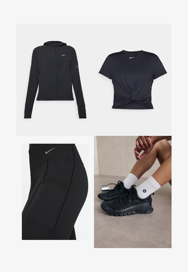 Casaco preto com capuz e mangas longas, feito de material leve. Apresenta um fecho dourado na frente, um logótipo da Nike e detalhes de design subtis.; T-shirt atlético preto feito de tecido liso, apresentando um design frontal com nó e um pequeno logótipo branco da Nike no peito.; Leggings pretos de cintura alta feitos de material elástico, com um bolso com fecho e costuras em contraste. Logótipo prata da Nike na cintura.; Sapatilhas atléticas pretas com tecido texturizado, design com atacadores e uma sola proeminente, emparelhadas com meias brancas com nervuras e um pequeno logótipo.