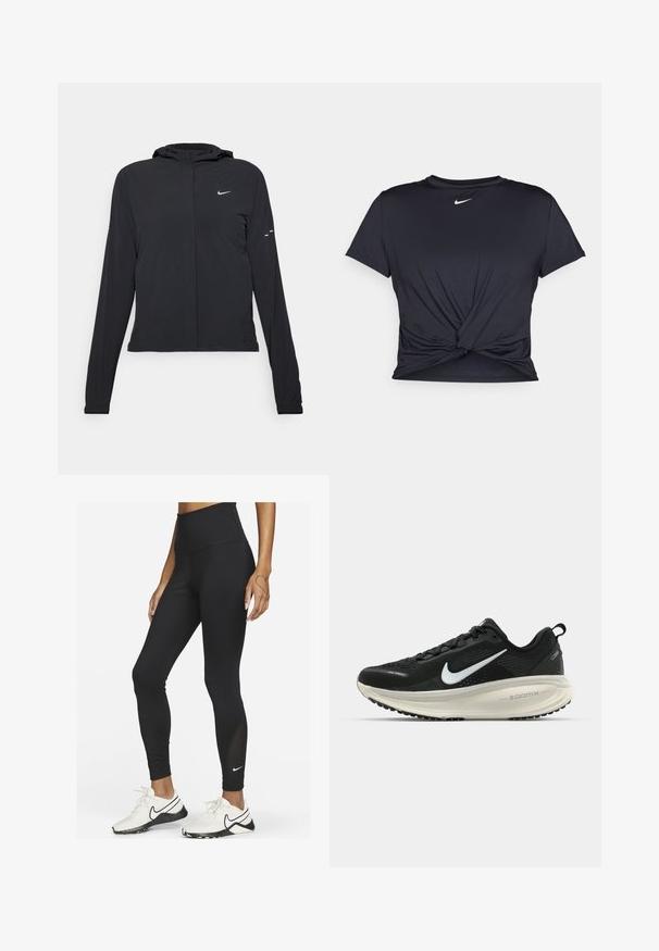 Czarna kurtka z kapturem, z długimi rękawami, wykonana z lekkiego materiału. Posiada zamek błyskawiczny z przodu, logo Nike oraz subtelne akcenty wzornicze.; Czarna sportowa koszulka z gładkiego materiału, z wiązanym przodem i małym białym logo Nike na piersi.; Nike Performance - Rajstopy; Czarna biegowa półbut z oddychającej siateczki, białym logo swoosh, teksturowanymi detalami oraz kremową podeszwą środkową ZoomX.