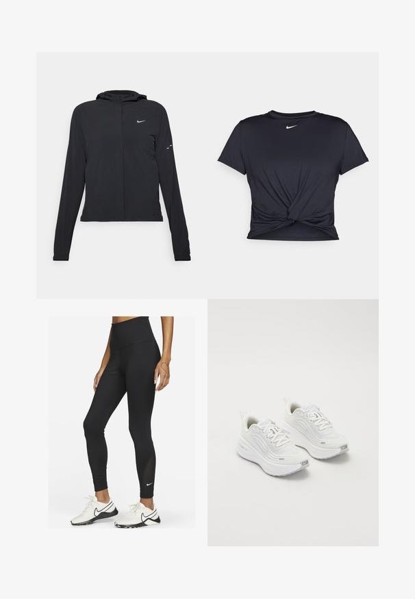 Giacca nera con cappuccio e maniche lunghe, realizzata in materiale leggero. Presenta una zip frontale, il logo Nike e accenti di design sottili.; Maglietta atletica nera realizzata in tessuto liscio, con un design anteriore annodato e un piccolo logo Nike bianco sul petto.; Nike Performance ONE - Leggings - black white; Scarpe da ginnastica bianche con tomaia in rete testurizzata, suola ammortizzata e sottili dettagli grigi. Comprendono il branding e una linguetta sul tallone per una facile calzata.