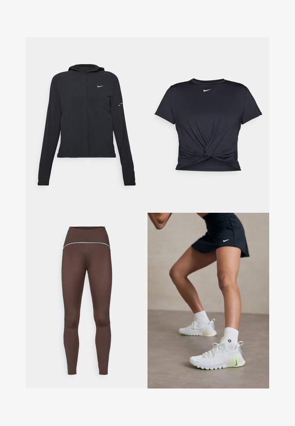 Casaco preto com capuz e mangas longas, feito de material leve. Apresenta um fecho dourado na frente, um logótipo da Nike e detalhes de design subtis.; T-shirt atlético preto feito de tecido liso, apresentando um design frontal com nó e um pequeno logótipo branco da Nike no peito.; Leggings castanhos com uma cintura alta, apresentando um detalhe de costura azul-claro em contraste ao longo dos lados. Feitos de um tecido elástico e suave.; Tênis esportivos brancos com uma superfície texturizada, detalhes em verde néon e um logo da Nike em destaque. Usados com meias brancas até o tornozelo.