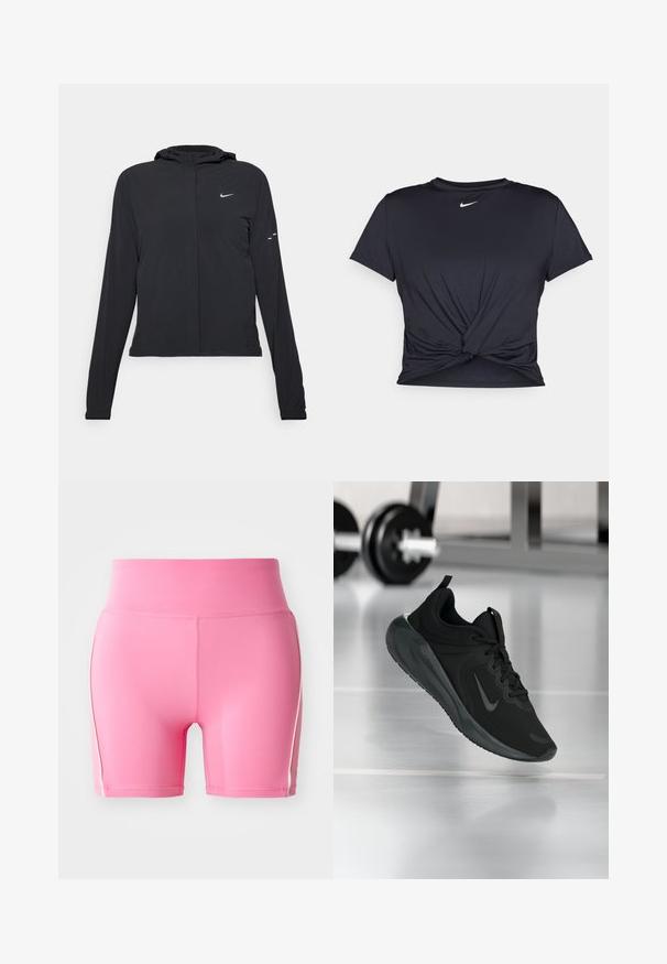 Fekete kapucnis dzseki hosszú ujjakkal, könnyű anyagból készült. Elülső cipzárral, Nike logóval és diszkrét dizájn elemekkel rendelkezik.; Fekete sportpóló sima anyagból, elöl megkötős dizájnnal, a mellkason egy kis fehér Nike logóval.; Rózsaszín sportos rövidnadrág magas derékkal, testhez simuló kialakítással és kontrasztos fehér oldalsávokkal. Simaságot és rugalmasságot biztosító anyag, nedvességelvezető textúrával.; Fekete sportcipő Nike logóval, amely a levegőben látható az edzőterem padlóján, a háttérben elmosódott kézi súlyzó állvánnyal.