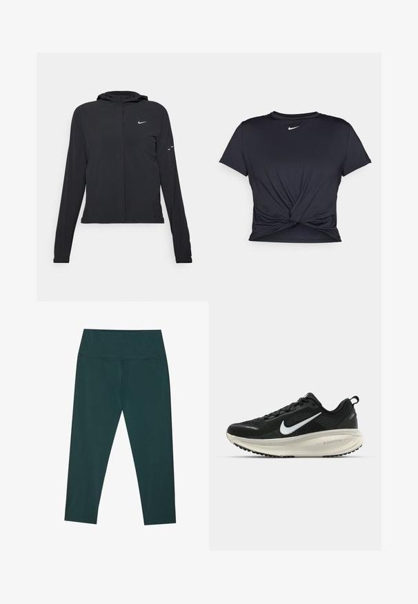 Melnā kapuci jaka ar garām piedurknēm, izgatavota no viegla materiāla. Tam ir priekšējais rāvējslēdzis, Nike logo un smalki dizaina akcenti.; Melna sporta t-kreklu ar gludu audumu, ar mezglošanas priekšpusi un mazu baltu Nike logotipu uz krūšu daļas.; Tumši zaļi capri legingi ar augstu jostasvietu, izgatavoti no gludas, elastīgas materiāla. Iezīmē plakanšuvju šuves un pieguļošu siluetu.; Melnas Nike skriešanas kurpes ar elpojošu acs augšdaļu, baltu Swoosh logotipu, strukturētu apdari un krēmkrāsas ZoomX starpsole.