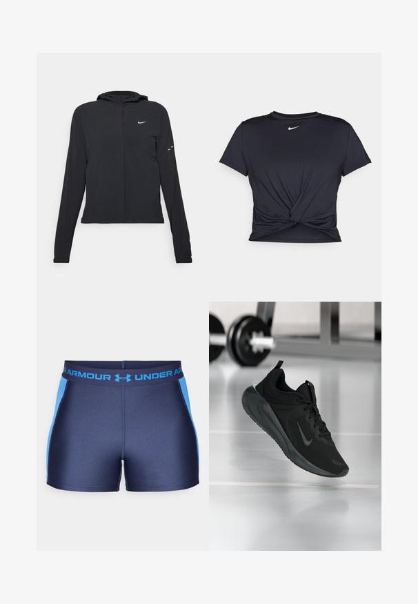 Crna jakna s kapuljačom i dugim rukavima, izrađena od laganog materijala. Ima prednji patentni zatvarač, Nike logo i suptilne dizajnerske detalje.; Crni trenirac s kratkim rukavima izrađen od glatkog materijala, s čvorastim dizajnom sprijeda i malim bijelim Nike logotipom na prsima.; Mornarsko plave sportske kratke hlače s svijetloplavim bočnim panelima. Imaju elastičnu traku u struku s logom Under Armour. Glatka, rastezljiva tkanina.; Crna sportska tenisica s Nike logotipom, prikazana u zraku na podu teretane, s mutnom stalcem za bučice u pozadini.