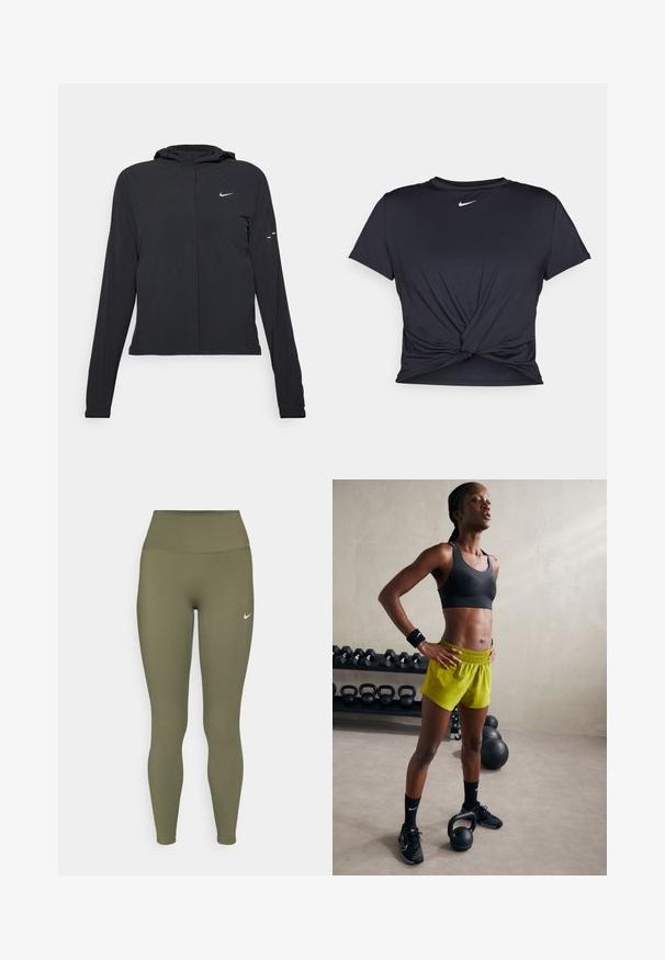 Casaco preto com capuz e mangas longas, feito de material leve. Apresenta um fecho dourado na frente, um logótipo da Nike e detalhes de design subtis.; T-shirt atlético preto feito de tecido liso, apresentando um design frontal com nó e um pequeno logótipo branco da Nike no peito.; Leggings verde-azeitona com uma cintura alta, feitos de um material liso e elástico, apresentando um pequeno logotipo branco perto da cintura.; Sutiã desportivo preto, calções amarelos brilhantes com cintura elástica, sapatos de atletismo pretos e pulseiras, de pé ao lado de kettlebells.