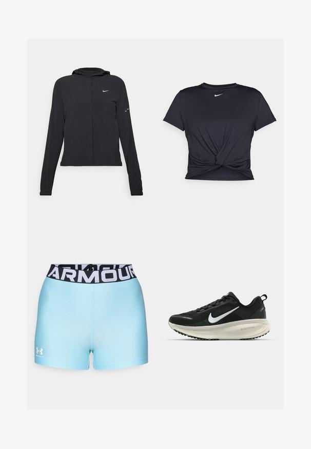 Black hooded jacket with long sleeves, made from lightweight material. Features a front zipper, a Nike logo, and subtle design accents.; Black athletic t-shirt made of smooth fabric, featuring a knotted front design and a small white Nike logo on the chest.; Light blue athletic shorts with a black waistband featuring white "ARMOUR" text. Material appears smooth with a fitted design. Under Armour logo displayed.; Black Nike running shoe with breathable mesh upper, white swoosh logo, textured detailing, and a cream-colored ZoomX midsole.