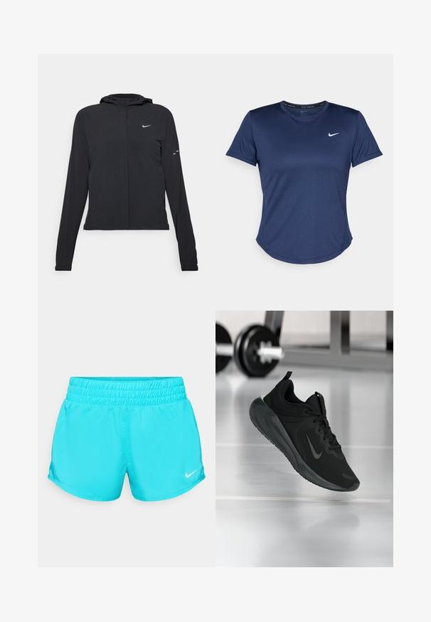 Casaco preto com capuz e mangas longas, feito de material leve. Apresenta um fecho dourado na frente, um logótipo da Nike e detalhes de design subtis.; T-shirt atlético azul-marinho com mangas curtas, decote redondo e logótipo da Nike no peito. Feito de um tecido liso e leve.; Calções de desporto turquesa com um cinto elástico e um pequeno logótipo branco da Nike no canto inferior direito. Tecido liso e leve.; Sapatilha desportiva preta com o logotipo da Nike, mostrada em pleno ar sobre o chão do ginásio, com um suporte de halteres desfocado ao fundo.