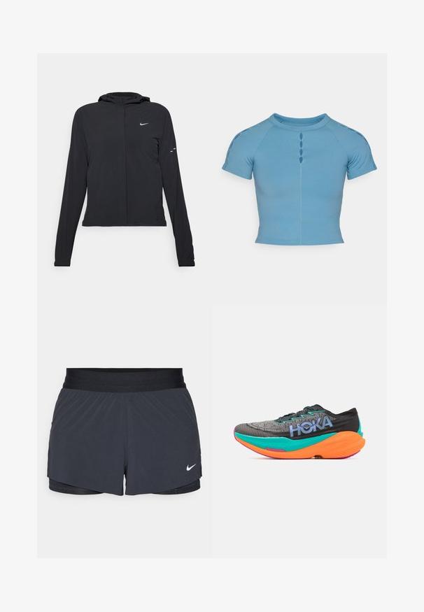 Must musta kapuutsiga jakk, millel on pikad varrukad ja mis on valmistatud kergetest materjalidest. Omab esitaskut, Nike logo ja kergelt silmatorkavaid disainiaktsente.; Heled sinine, lühikeste varrukatega topp, mis on valmistatud venivast kangast. Omab ümmargust kaelust ja dekoratiivseid nuppude sarnaseid lõikeid, mis on keskendatud esiotsa.; Mustad must sportlikud lühikesed püksid, millel on elastne vöökoht, kihiline disain ja väike valge Nike logo vasakul all. Kerge materjal.; HOKA MACH X 2 - Maanteejooksu jalatsid - black/electric aqua