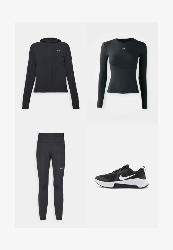 Giacca nera con cappuccio e maniche lunghe, realizzata in materiale leggero. Presenta una zip frontale, il logo Nike e accenti di design sottili.; Maglietta nera a maniche lunghe, aderente, realizzata in tessuto liscio e elasticizzato. Presenta un colletto a girocollo e un piccolo logo Nike bianco sul petto.; Leggings neri realizzati in tessuto elasticizzato, con una vita alta e un logo Nike bianco sulla coscia sinistra. Tessuto liscio, design aderente.; Scarpa sportiva nera con tomaia in mesh, dettagli bianchi, suola ammortizzata e battistrada testurizzato per la presa. Inclusi lacci e linguetta sul tallone.
