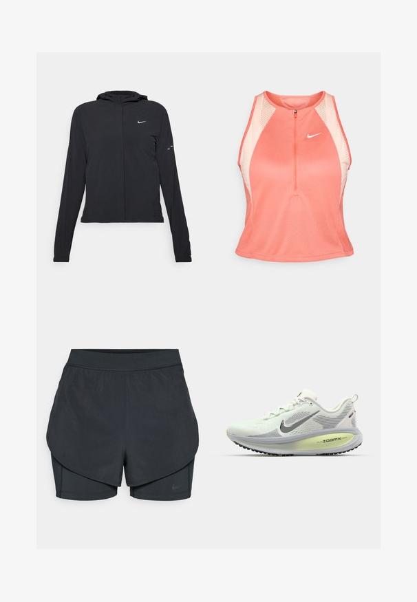 Sort hættetrøje med lange ærmer, lavet af letvægtsmateriale. Har en frontlynlås, et Nike-logo og subtile designaccenter.; Lys koralfarvet ærmeløs atletisk top med lynlås foran, mesh-paneler og et hvidt Nike-logo. Har en tætsiddende design og tekstureret stof.; Sorte atletiske shorts med et lagdelt design, der har et glat yderlag og tætsiddende indershorts. Lavet af letvægts, strækbart stof.; Nike Performance VOMERO 18 - Løbesko til landevejen - summit white/black/barely volt/light silver/metallic silver
