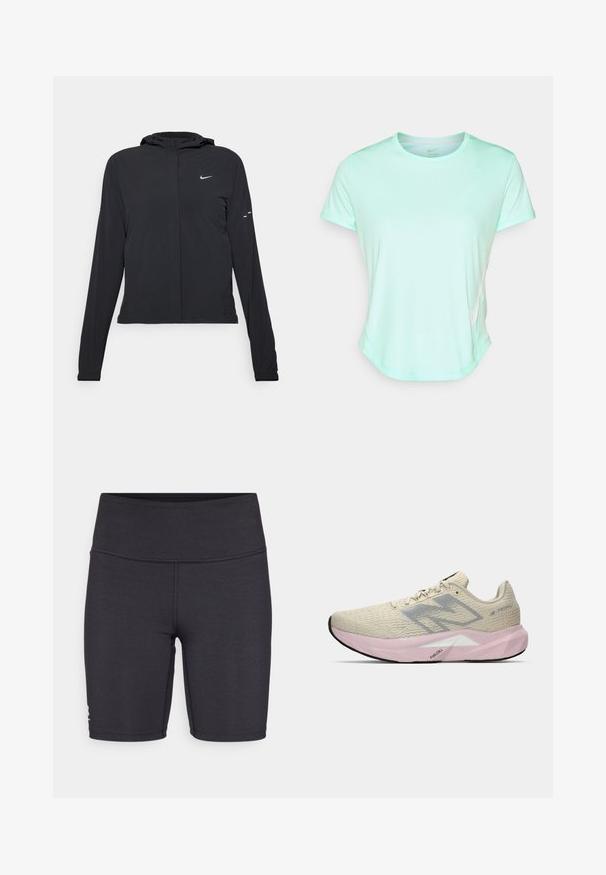Schwarze Kapuzenjacke mit langen Ärmeln, aus leichtem Material gefertigt. Sie hat einen vorderen Reißverschluss, ein Nike-Logo und dezente Designelemente.; Mintgrünes, kurzärmliges Sport-T-Shirt, glattes Material mit Rundhalsausschnitt und subtilen Nike-Logo an der Seite. Leicht abgerundeter Saum.; Schwarze Sportshorts aus dehnbarem Material mit hohem Bund und flachen Nähten. Für Komfort und Beweglichkeit konzipiert.; Helle beige Laufsschuh mit grauem "N"-Logo, pinker Sohle mit der Bezeichnung "FuelCell" und strukturiertem Fersenbereich, auf einem weißen Hintergrund präsentiert.