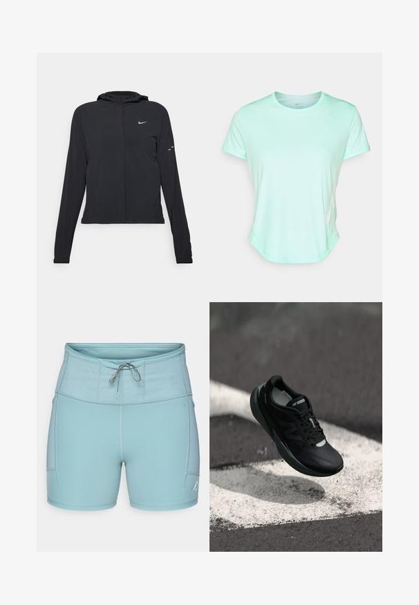 Casaco preto com capuz e mangas longas, feito de material leve. Apresenta um fecho dourado na frente, um logótipo da Nike e detalhes de design subtis.; T-shirt atlético de mangas curtas em verde menta, tecido suave com decote redondo e um discreto logo da Nike na lateral. Bainha ligeiramente curvada.; Calções atléticos de um azul claro com uma cintura elástica larga, cordão de ajuste e bolsos laterais. Tecido suave com costuras planas para maior conforto.; Sapatilha de corrida preta com um cabedal texturizado, design elegante e detalhes reflexivos. Apresenta uma sola macia e acolchoada para maior conforto.