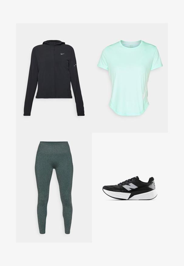 Schwarze Kapuzenjacke mit langen Ärmeln, aus leichtem Material gefertigt. Sie hat einen vorderen Reißverschluss, ein Nike-Logo und dezente Designelemente.; Mintgrünes, kurzärmliges Sport-T-Shirt, glattes Material mit Rundhalsausschnitt und subtilen Nike-Logo an der Seite. Leicht abgerundeter Saum.; Dunkelblaue Leggings mit metallic Glanz. Hoch geschnittener Schnitt, glatte Textur und figurbetonter Sitz. Keine sichtbaren Nähte oder Muster.; Schwarzer und weißer New Balance Laufschuh mit dicker Sohle, Mesh-Obermaterial und "N"-Logo an der Seite, von der Außenseite betrachtet.