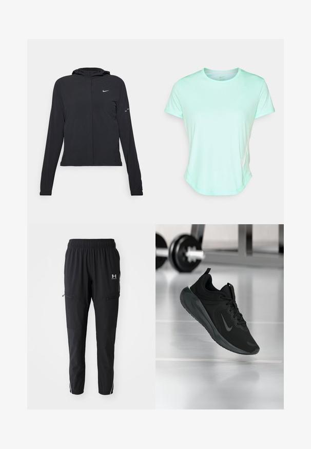 Zwarte kaptrui met lange mouwen, gemaakt van lichtgewicht materiaal. Voorzien van een ritssluiting aan de voorkant, een Nike-logo en subtiele ontwerpelementen.; Mintgroene sport T-shirt met korte mouwen, gemaakt van gladde stof met een ronde hals en een subtiele Nike-logo aan de zijkant. Licht gebogen zoom.; Zwarte sportieve broek met een elastische tailleband, zijzakken met ritsen en contrasterende witte strepen langs de zijkanten. Lichtgewicht materiaal.; Zwarte sportsneaker met Nike-logo, weergegeven in de lucht boven de gymvloer, met een vervaagde halterrek op de achtergrond.
