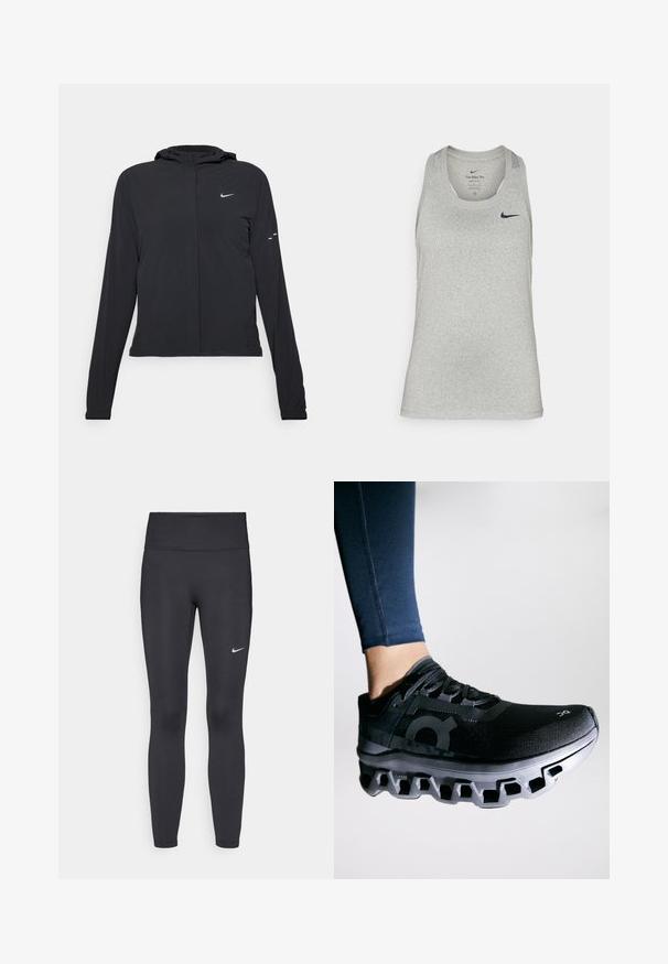 Black hooded jacket with long sleeves, made from lightweight material. Features a front zipper, a Nike logo, and subtle design accents.; Light gray sleeveless athletic tank top made of soft fabric, featuring a round neckline and a small black Nike logo on the left chest.; Black leggings made of stretchy fabric, featuring a high waistband and a white Nike logo on the left thigh. Smooth texture, form-fitting design.; Black running shoe with a textured upper and a distinctive midsole featuring a unique segmented design. Accented with a logo on the side.