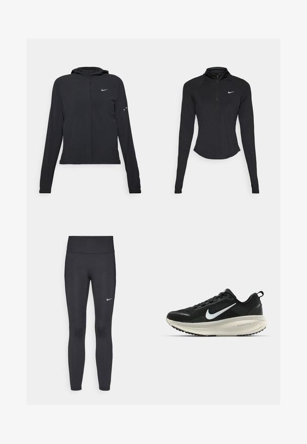 Black hooded jacket with long sleeves, made from lightweight material. Features a front zipper, a Nike logo, and subtle design accents.; Black athletic long-sleeve top with a high collar and quarter zipper. Features a fitted shape and a white Nike logo on the chest.; Black leggings made of stretchy fabric, featuring a high waistband and a white Nike logo on the left thigh. Smooth texture, form-fitting design.; Black Nike running shoe with breathable mesh upper, white swoosh logo, textured detailing, and a cream-colored ZoomX midsole.