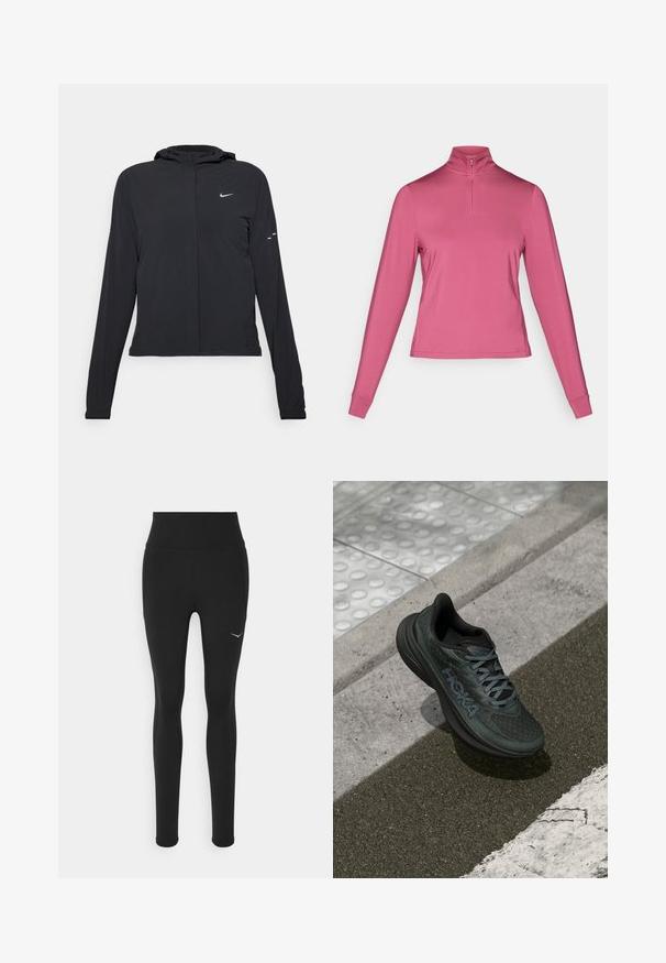 Svart huva jacka med långa ärmar, gjord av lätt material. Har en framdragare, en Nike-logotyp och subtila designelement.; Rosa långärmad pullover med hög krage och halvdragkedja; tillverkad av ett mjukt, stretchigt material med åtsittande ärmslut och rak fåll.; Svarta leggings med hög midja, tillverkade av stretchigt material. Utrustad med en liten vit logotyp på vänster sida och detaljer vid sid sömmen.; Svart löparskor med mesh-overtäckning, strukturerade detaljer och logotyp, med en dämpad sula och grå snören, placerade på asfalt.