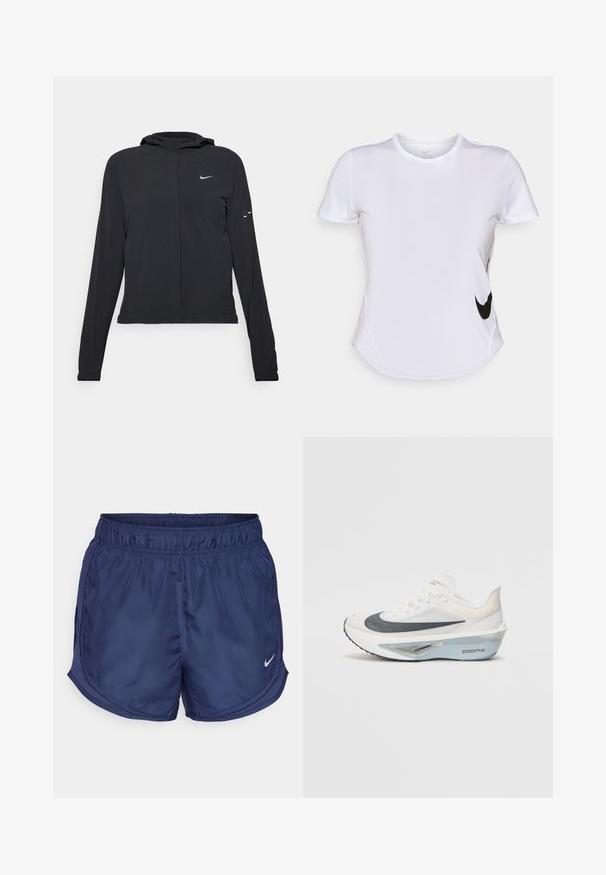 Casaco preto com capuz e mangas longas, feito de material leve. Apresenta um fecho dourado na frente, um logótipo da Nike e detalhes de design subtis.; Camisola atlética de manga curta branca, feita de tecido liso, com o logótipo preto da Nike no lado esquerdo e uma bainha curva na parte inferior.; Calças de desporto azul-marinho com uma cintura elástica e painéis de malha laterais. Apresenta um pequeno logótipo branco da Nike no canto inferior esquerdo.; Sapatilha de corrida branca com um upper em malha respirável, detalhes azuis e um design distinto na entressola com um sistema de amortecimento visível.