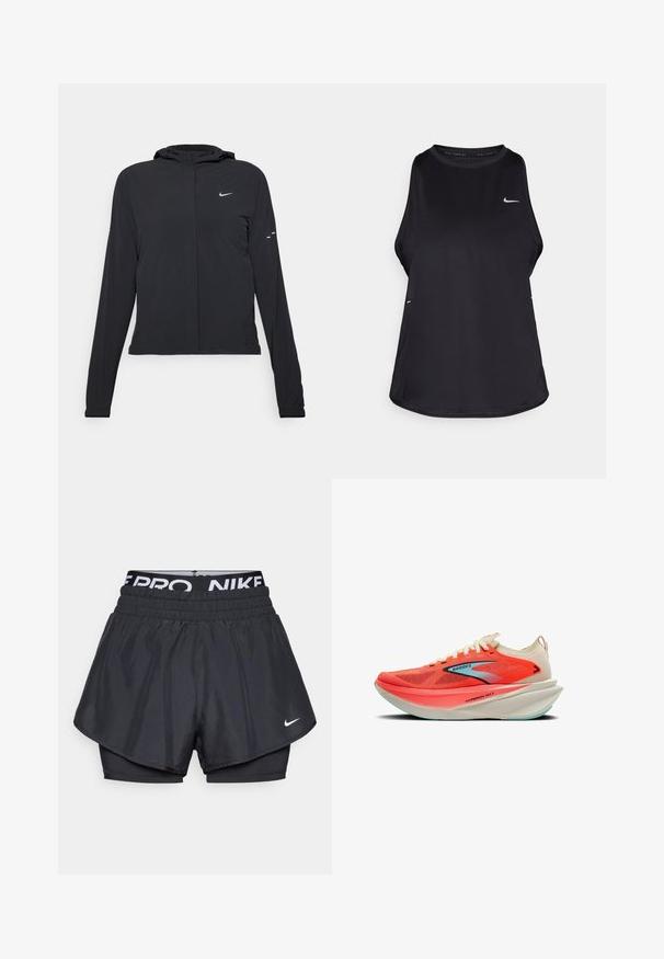 Black hooded jacket with long sleeves, made from lightweight material. Features a front zipper, a Nike logo, and subtle design accents.; Black sleeveless running tank top made of lightweight material with a round neck; features a subtle logo and side slits for breathability.; Black athletic shorts with a layered design, featuring a breathable outer layer, elastic waistband with branding, and a small logo on the front.; Brooks Hyperion Max running shoe in bright coral and cream, featuring a breathable mesh upper, wide midsole, and light blue sole accents.