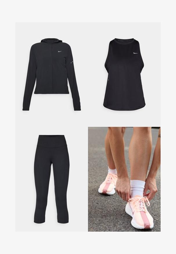 Svart hettegenser med lange ermer, laget av lett materiale. Har glidelås foran, Nike-logo og subtile design detaljer.; Svart ermeløs løpe-trøye laget av lett materiale med rund hals; har en subtil logo og sideslitser for pusteevne.; Sorte, cropped leggings laget av elastisk stoff, med høy midje og glatt tekstur, uten synlige mønstre eller detaljer.; Nike Performance PEGASUS PLUS - Løpesko for vei - crimson tint/white/pure platinum/red stardust/vast grey