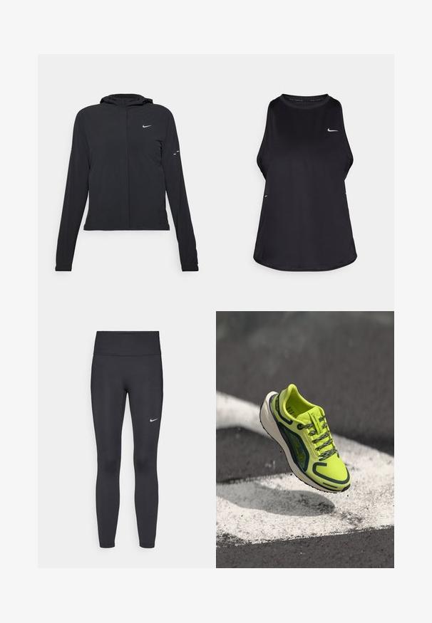 Sort hættetrøje med lange ærmer, lavet af letvægtsmateriale. Har en frontlynlås, et Nike-logo og subtile designaccenter.; Sort ærmeløs løbetrøje lavet af let materiale med rund hals; har et diskret logo og sideåbninger for åndbarhed.; Sorte leggings lavet af strækbart stof, med en høj talje og et hvidt Nike-logo på venstre lår. Glat tekstur, tætsiddende design.; Neon gul løbesko med en åndbar mesh-overdel, kontrasterende mørke detaljer, tekstureret snørebånd og en polstret hvid mellemsål.