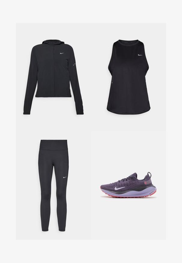 Giacca nera con cappuccio e maniche lunghe, realizzata in materiale leggero. Presenta una zip frontale, il logo Nike e accenti di design sottili.; Canotta da corsa nera senza maniche realizzata in materiale leggero con collo rotondo; presenta un logo discreto e fessure laterali per la traspirabilità.; Leggings neri realizzati in tessuto elasticizzato, con una vita alta e un logo Nike bianco sulla coscia sinistra. Tessuto liscio, design aderente.; Scarpa sportiva viola con tomaia traspirante, dettagli grigi, suola imbottita e suola esterna rossa texturizzata. Presenta un logo bianco prominente.