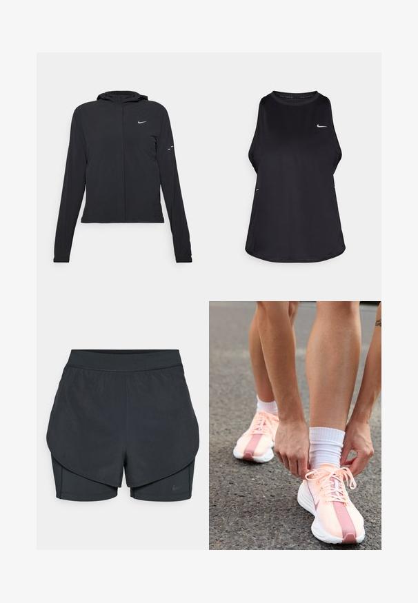 Zwarte kaptrui met lange mouwen, gemaakt van lichtgewicht materiaal. Voorzien van een ritssluiting aan de voorkant, een Nike-logo en subtiele ontwerpelementen.; Zwarte mouwloze hardlooptanktop van lichtgewicht materiaal met een ronde hals; heeft een subtiel logo en zijslits voor ventilatie.; Zwarte sportshorts met een gelaagd ontwerp, voorzien van een gladde buitenlaag en aansluitende binnen shorts. Gemaakt van lichtgewicht, rekbare stof.; Nike Performance PEGASUS PLUS - Hardloopschoenen voor op de weg - crimson tint/white/pure platinum/red stardust/vast grey