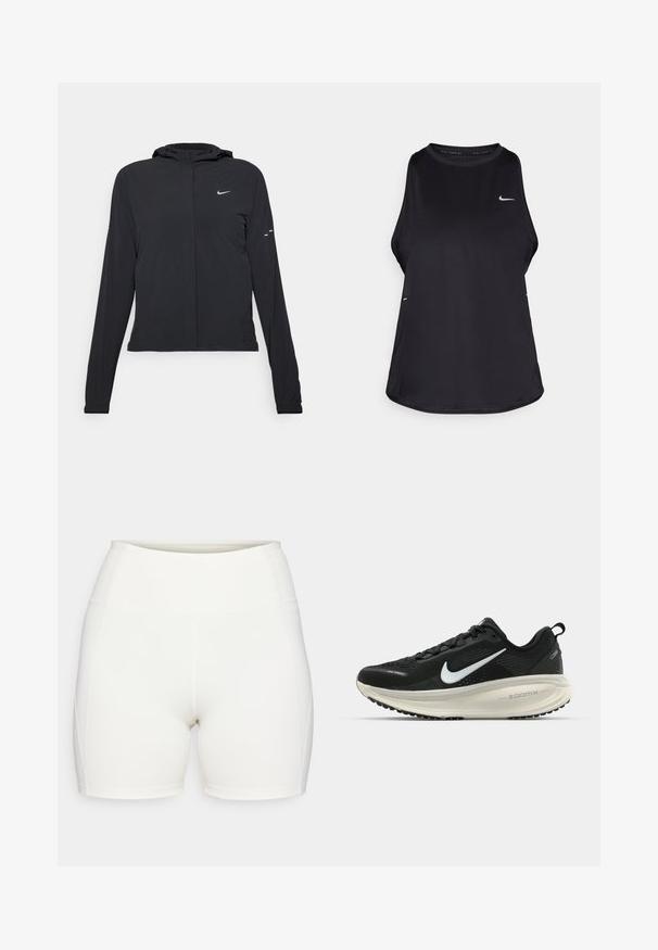 Crna jakna s kapuljačom i dugim rukavima, izrađena od laganog materijala. Ima prednji patentni zatvarač, Nike logo i suptilne dizajnerske detalje.; Crni bezrukavni trkački majica od laganog materijala s okruglim izrezom; ima suptilan logotip i bočne proreze za prozračnost.; Bijele visoke kratke hlače izrađene od rastezljivog materijala. Imaju elastičnu traku u struku i šavove na panelima, što pruža prilagođeni oblik.; Crne Nike trkačke tenisice s prozračnom mrežastom gornjom konstrukcijom, bijelim swoosh logotipom, teksturiranim detaljima i kremastom ZoomX srednjom potplatnom jedinicom.