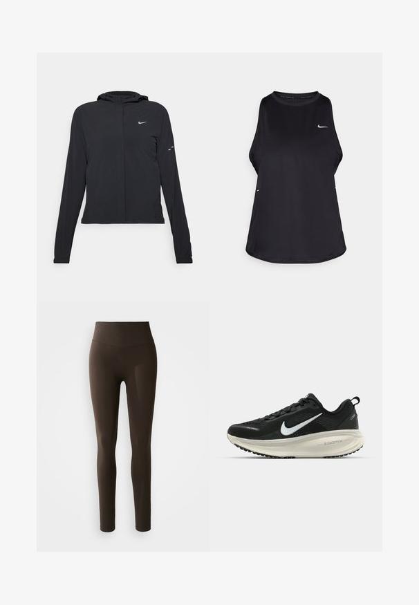 Black hooded jacket with long sleeves, made from lightweight material. Features a front zipper, a Nike logo, and subtle design accents.; Black sleeveless running tank top made of lightweight material with a round neck; features a subtle logo and side slits for breathability.; Brown leggings made from a stretchy material with a high waistband. Features a smooth texture and form-fitting design. No visible patterns.; Black Nike running shoe with breathable mesh upper, white swoosh logo, textured detailing, and a cream-colored ZoomX midsole.