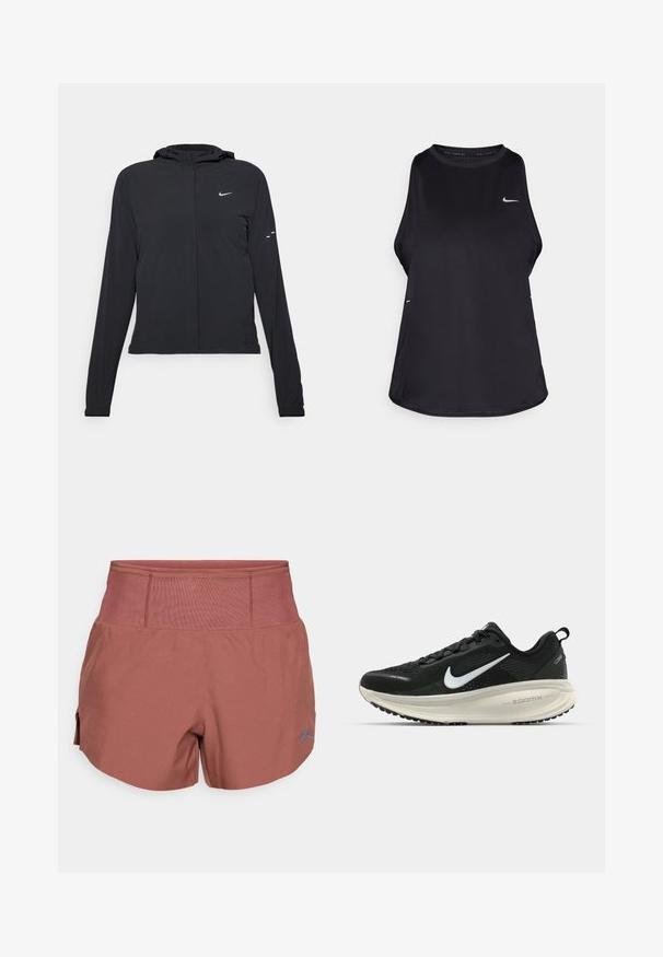 Chaqueta negra con capucha y mangas largas, hecha de un material ligero. Presenta un cierre frontal, un logo de Nike y acentos de diseño sutiles.; Camiseta de running sin mangas en color negro, fabricada con material ligero y con cuello redondo; cuenta con un logo sutil y aberturas laterales para mayor transpirabilidad.; Shorts de color terracota con una cinturilla ancha y acanalada. Presentan un tejido suave y ligero, así como aberturas laterales para mayor movilidad. Acento de logo azul.; Zapatilla de running Nike negra con parte superior de malla transpirable, logo Swoosh blanco, detalles texturizados y una entresuela ZoomX de color crema.