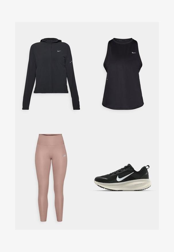 Crna jakna s kapuljačom i dugim rukavima, izrađena od laganog materijala. Ima prednji patentni zatvarač, Nike logo i suptilne dizajnerske detalje.; Crni bezrukavni trkački majica od laganog materijala s okruglim izrezom; ima suptilan logotip i bočne proreze za prozračnost.; New Balance HARMONY HIGH RISE - Tajice - earth shadow; Crne Nike trkačke tenisice s prozračnom mrežastom gornjom konstrukcijom, bijelim swoosh logotipom, teksturiranim detaljima i kremastom ZoomX srednjom potplatnom jedinicom.