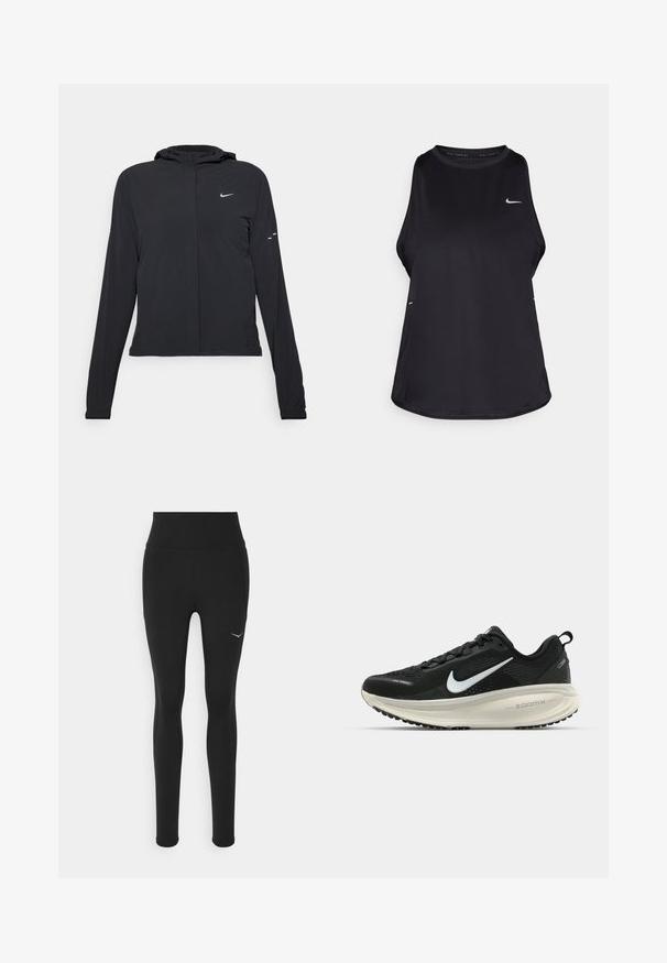 Svart hettegenser med lange ermer, laget av lett materiale. Har glidelås foran, Nike-logo og subtile design detaljer.; Svart ermeløs løpe-trøye laget av lett materiale med rund hals; har en subtil logo og sideslitser for pusteevne.; Sorte leggings med høy livhøyde, laget av elastisk materiale. Har en liten hvit logo på venstre side og detaljering på sidesømmene.; Svart Nike løpesko med pustende mesh-overdel, hvit swoosh-logo, teksturert detaljer og en kremfarget ZoomX mellomsåle.
