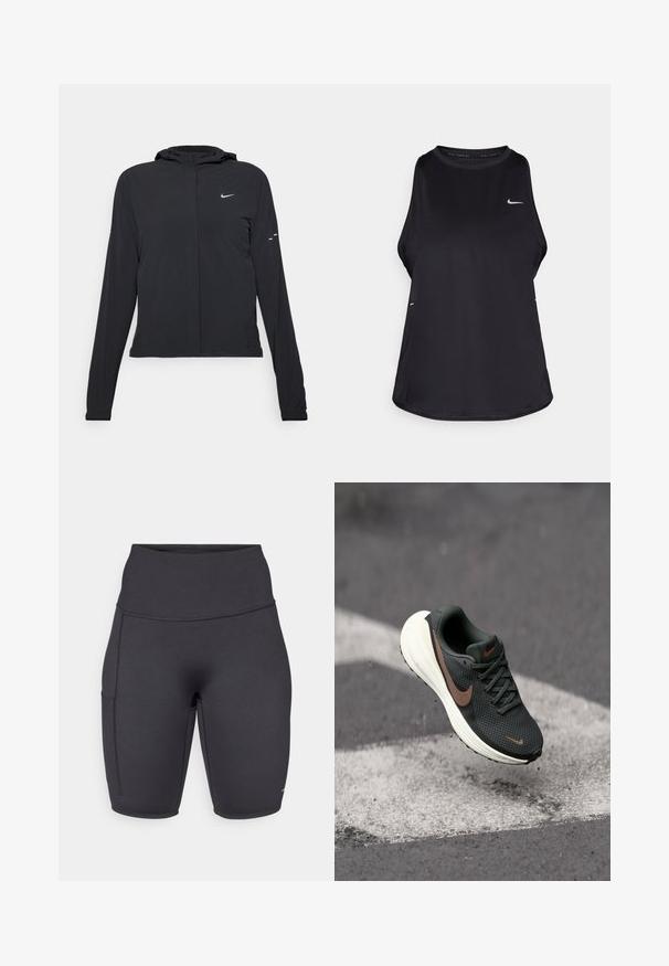 Černá kapucňová bunda s dlouhými rukávy, vyrobená z lehkého materiálu. Obsahuje přední zip, logo Nike a decentní designové akcenty.; Černý bezrukávový sportovní top vyrobený z lehkého materiálu s kulatým výstřihem; má decentní logo a boční rozparky pro lepší prodyšnost.; Černé vysoké cyklistické šortky vyrobené z elastického materiálu, s jednou postranní kapsou, hladkým povrchem a plochými švy pro pohodlí.; Černá síťovaná běžecká obuv s texturovaným svrškem, hnědým logem Nike a bílou polstrovanou podrážkou, vznášející se nad šedým povrchem.