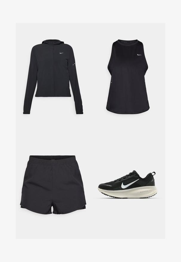 Chaqueta negra con capucha y mangas largas, hecha de un material ligero. Presenta un cierre frontal, un logo de Nike y acentos de diseño sutiles.; Camiseta de running sin mangas en color negro, fabricada con material ligero y con cuello redondo; cuenta con un logo sutil y aberturas laterales para mayor transpirabilidad.; ONLY Play ONPSPACE LIFE LOOSE SHORTS - Pantalón corto de deporte - black/pumice stone; Zapatilla de running Nike negra con parte superior de malla transpirable, logo Swoosh blanco, detalles texturizados y una entresuela ZoomX de color crema.