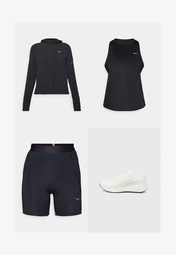 Casaco preto com capuz e mangas longas, feito de material leve. Apresenta um fecho dourado na frente, um logótipo da Nike e detalhes de design subtis.; Top de corrida sem mangas de cor preta, feito de material leve com decote redondo; apresenta um logotipo subtil e aberturas laterais para respirabilidade.; Calções atléticos pretos com um design ajustado, textura suave, cintura elástica e um discreto logótipo cinza no lado esquerdo.; Nike Performance DOWNSHIFTER 13 - Sapatos para corrida em estrada - sail/silver-coloured photon dust/summit white/barely volt/black