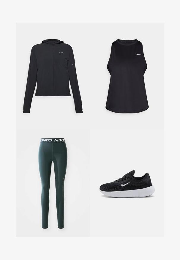 Zwarte kaptrui met lange mouwen, gemaakt van lichtgewicht materiaal. Voorzien van een ritssluiting aan de voorkant, een Nike-logo en subtiele ontwerpelementen.; Zwarte mouwloze hardlooptanktop van lichtgewicht materiaal met een ronde hals; heeft een subtiel logo en zijslits voor ventilatie.; Donkergroene leggings van rekbaar materiaal, met een brede tailleband met het "PRO NIKE"-logo en een klein wit Nike-swoosh aan de zijkant.; Zwarte sportschoen met een bovenwerk van mesh, een gestructureerd ontwerp, ronde neus, witte rubberen zool en een Nike-logo aan de zijkant.