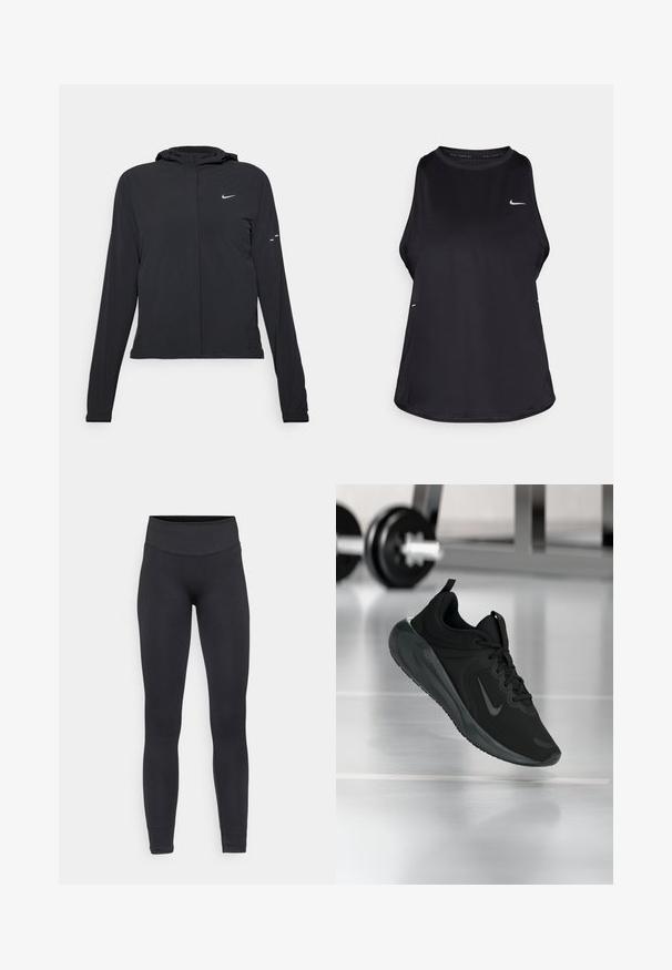 Fekete kapucnis dzseki hosszú ujjakkal, könnyű anyagból készült. Elülső cipzárral, Nike logóval és diszkrét dizájn elemekkel rendelkezik.; Fekete ujjatlan futó trikó, könnyű anyagból készült, kerek nyakkal; diszkrét logóval és oldalsó hasítékokkal a légáteresztés érdekében.; Fekete leggings rugalmas anyagból, magas derékbetéttel, varrás nélküli kialakítással és keskenyített lábakkal, különböző tevékenységekhez alkalmas.; Fekete sportcipő Nike logóval, amely a levegőben látható az edzőterem padlóján, a háttérben elmosódott kézi súlyzó állvánnyal.