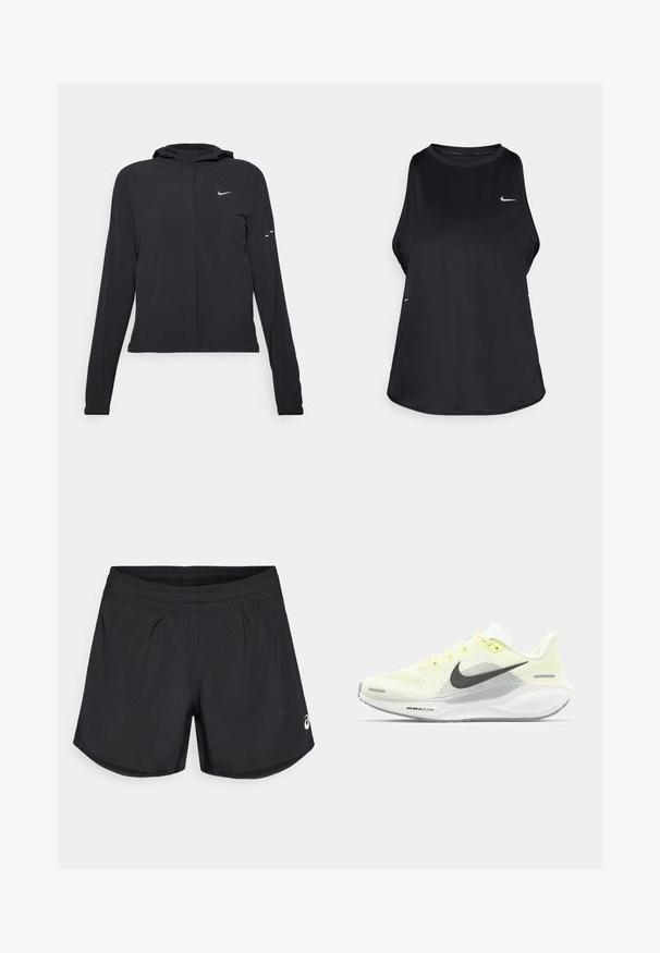 Black hooded jacket with long sleeves, made from lightweight material. Features a front zipper, a Nike logo, and subtle design accents.; Black sleeveless running tank top made of lightweight material with a round neck; features a subtle logo and side slits for breathability.; Black athletic shorts with an elastic waistband, smooth texture, and subtle side slits. Features a small white logo on the lower right side.; Nike running shoes with a light yellow and white mesh upper, grey accents, and a flexible rubber sole. Features a lace-up closure.