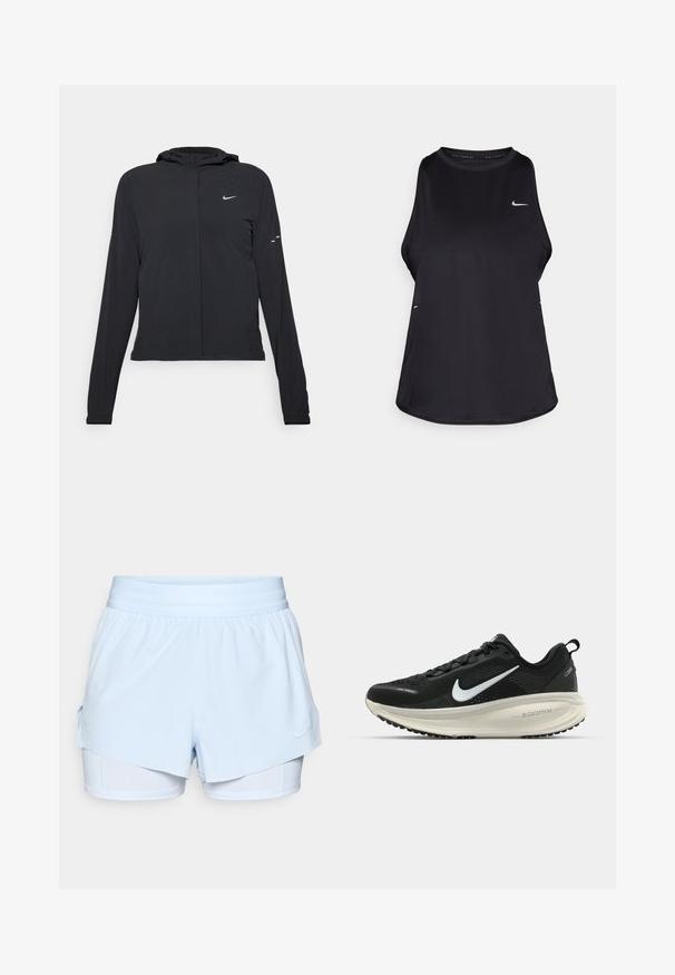 Čierna kapucňová bunda s dlhou rukávou, vyrobená z ľahkého materiálu. Má predný zips, logo Nike a jemné dizajnové akcenty.; Čierny bezrukávový bežecký top vyrobený z ľahkého materiálu s okrúhlym výstrihom; obsahuje diskrétne logo a bočné rozparky pre lepšiu priedušnosť.; Svetlomodré športové šortky s vrstveným dizajnom, elastickým pásom a vnútornými šortkami. Na spodnej pravej strane sa nachádza logo Nike.; Čierne bežecké topánky Nike s priedušnou sieťovinou, bielym logom s symbolom swoosh, textúrovanými detailmi a krémovou ZoomX medzipodrážkou.