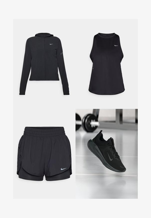 Fekete kapucnis dzseki hosszú ujjakkal, könnyű anyagból készült. Elülső cipzárral, Nike logóval és diszkrét dizájn elemekkel rendelkezik.; Fekete ujjatlan futó trikó, könnyű anyagból készült, kerek nyakkal; diszkrét logóval és oldalsó hasítékokkal a légáteresztés érdekében.; Fekete sportpantalón széles rugalmas derékpánttal, oldalsó zsebekkel és Nike logóval. Könnyű, nedvességet elvezető anyagból készült.; Fekete sportcipő Nike logóval, amely a levegőben látható az edzőterem padlóján, a háttérben elmosódott kézi súlyzó állvánnyal.