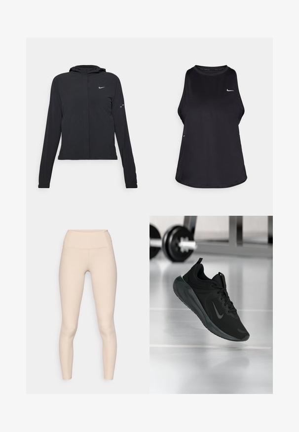 Chaqueta negra con capucha y mangas largas, hecha de un material ligero. Presenta un cierre frontal, un logo de Nike y acentos de diseño sutiles.; Camiseta de running sin mangas en color negro, fabricada con material ligero y con cuello redondo; cuenta con un logo sutil y aberturas laterales para mayor transpirabilidad.; Leggings de color beige con un diseño acanalado y una cintura alta. Cuentan con una textura suave y un diseño ajustado, sin costuras visibles ni logotipos.; Zapatilla deportiva negra con el logo de Nike, mostrada en el aire sobre el suelo del gimnasio, con un soporte de mancuernas desenfocado en el fondo.