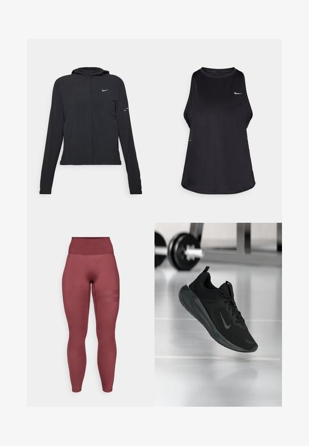 Casaco preto com capuz e mangas longas, feito de material leve. Apresenta um fecho dourado na frente, um logótipo da Nike e detalhes de design subtis.; Top de corrida sem mangas de cor preta, feito de material leve com decote redondo; apresenta um logotipo subtil e aberturas laterais para respirabilidade.; Leggings bordeaux de cintura alta feitos de tecido elástico. Apresentam uma textura suave e três riscas horizontais em malha na coxa.; Sapatilha desportiva preta com o logotipo da Nike, mostrada em pleno ar sobre o chão do ginásio, com um suporte de halteres desfocado ao fundo.